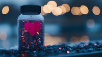 Glass jar with pink heart shape against blurred bokeh lights background, romantic mood setting with scattered glitter and decorative elements.