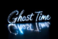 Spooky glowing blue neon text reading Ghost Time against dark background for Halloween party invitations and supernatural themed designs.