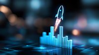 Glowing blue rocket launches from financial chart bars against dark background with bokeh lights, representing business growth and market breakthrough.