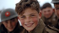 Young Caucasian boy with bright smile and tousled brown hair wearing military-style uniform, close-up portrait with blurred soldiers in background, nostalgic wartime atmosphere.