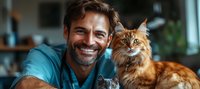 Smiling male veterinarian in blue scrubs posing with a fluffy ginger Maine Coon and a small gray cat at a veterinary clinic.