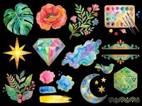Watercolor art elements collection with tropical leaves, vibrant flowers, gemstone, celestial moon, paintbrushes, and decorative ornaments isolated on transparent background. Ready for t-shirt design, clipart, stickers, sublimation, and print-on-demand projects.
