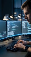 Male software developer or programmer working at night with multiple monitors displaying code, ideal for technology, IT, and business concepts.
