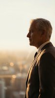Senior businessman in suit looking at city skyline during golden hour sunset, professional executive contemplating future business opportunities.