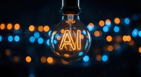 Glowing light bulb with AI filament letters against blurred city lights background representing artificial intelligence innovation and technology concepts.
