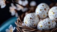 Decorative white Easter eggs with golden speckles and floral pattern in woven basket, cherry blossoms in background creating festive spring atmosphere.