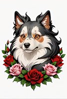 Beautiful husky dog portrait with red and pink roses, perfect for tattoo design or t-shirt print. Decorative illustration on white background, ready for creative projects.