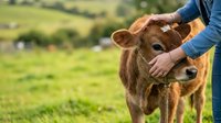 Brown calf being petted by person in blue shirt on green pasture, farm animal care and livestock interaction for agricultural and rural themes.