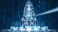 Futuristic transparent rocket ship with glowing engines on digital platform surrounded by binary code matrix background for technology concepts.