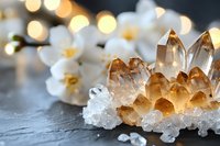 Citrine crystal cluster with white orchid flowers on dark stone surface against blurred golden bokeh lights creating magical healing atmosphere.