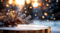 Festive winter scene with snow-covered pine branches on wooden surface against warm bokeh lights background creating cozy holiday atmosphere.