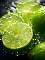 Fresh lime slices with water drops on dark background, extreme close up macro shot showing citrus texture and juicy pulp. For food and beverage advertising.