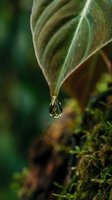 Water droplet hanging from striped green leaf with moss-covered branch below, capturing morning dew or rainfall in natural garden setting.