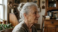 Senior woman with gray hair in bun, wearing olive cardigan, sitting indoors in home setting with wooden furniture and bookshelves visible behind her, profile view.