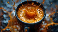 Dynamic splash of coffee droplets creating crown formation in dark cup against blurred background, captured in high-speed macro photography with orange and brown tones.