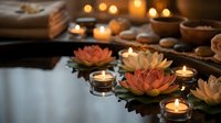 Spa wellness scene with floating lotus flowers and glowing candles in water creating peaceful meditation atmosphere for relaxation and mindfulness practices.