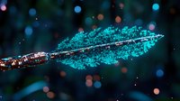 Digital leaf composed of glowing turquoise particles and light trails on dark background with bokeh effects. Suitable for technology, innovation, nature, and digital design projects.
