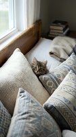 Tabby kitten nestled among cozy pillows and blankets on a wooden bed near a sunlit window, surrounded by stacked books and soft furnishings in a bright bedroom interior.