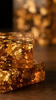 Luxurious handmade soap bars with golden flakes and warm amber tones on wooden surface with soft bokeh lighting for spa and wellness concepts.