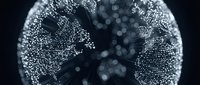 Abstract digital sphere with glowing particles and bokeh effects on dark background for technology and data visualization concepts.