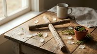 Rustic wooden table with gardening tools, terracotta pots, seeds and coffee mug by sunny window creating cozy spring planting workspace atmosphere.