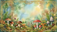 Enchanted forest floor with whimsical toadstools, ferns, and ornate golden border frame, featuring red and white spotted mushrooms in lush woodland setting.