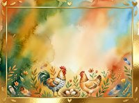 Watercolor farm scene with rooster, hens, eggs, and autumn foliage in warm golden tones with decorative gold frame border.