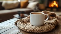 Steaming coffee cup on knitted coaster against cozy fireplace background, warm morning atmosphere with soft bokeh lights and wooden table surface.