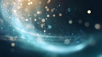 Magical glowing turquoise light trail with sparkling bokeh effects and floating particles on dark background creates ethereal atmospheric mood.