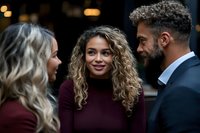 Young diverse professionals engaged in casual conversation at evening gathering, featuring woman with curly blonde hair in burgundy turtleneck smiling warmly.