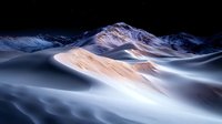 Ethereal snow-covered mountain peaks with smooth rolling dunes illuminated by moonlight creating dramatic shadows and curves across pristine winter landscape.