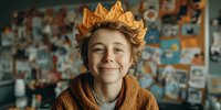 Young woman wearing golden paper crown smiling warmly in cozy room with photo wall background. Casual portrait for celebration and happiness concepts.