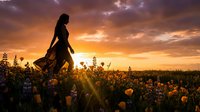 Woman in flowing dress standing in wildflower field at golden hour sunset, silhouetted against dramatic orange sky with clouds, surrounded by blooming flowers and natural landscape.