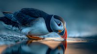 Atlantic puffin drinking water from calm ocean surface with colorful beak reflection during golden hour light creating serene coastal wildlife moment.