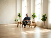 Man in dark casual clothing sitting on wooden chair in minimalist bright room with potted plants and natural light from large windows, suitable for wellness, lifestyle and interior design projects.