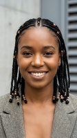 Young African American businesswoman with braided hairstyle and beads smiling confidently in professional blazer for corporate headshot and career success.