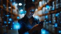 Young African American woman using smartphone in dark warehouse surrounded by glowing blue digital interface elements and data visualization graphics.