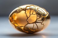 Cracked golden egg with intricate metallic veins creating an artistic pattern on smooth surface, glowing from within against dark background. Luxury Easter concept.