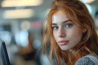 Young redhead woman with blue eyes and natural makeup wearing gray sweater looking at camera with gentle smile against blurred cafe background.