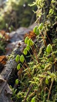 Fresh green moss sporophytes growing on tree bark in natural forest environment with soft sunlight filtering through woodland atmosphere.