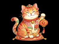 Lucky cat figurine with raised paw, ornate red and gold decorative collar, holding traditional lantern. Isolated on transparent background, ready for t-shirts, stickers, clipart, print-on-demand and sublimation designs.