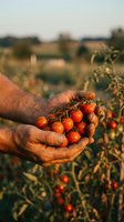 Farmer hands holding fresh ripe cherry tomatoes at sunset in organic garden. Agricultural harvest concept for healthy eating and sustainable farming.