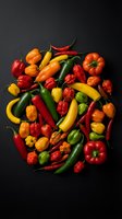 Colorful assortment of fresh hot peppers and chili varieties arranged on dark background for culinary cooking and spicy food preparation.