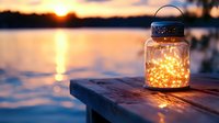 Glowing lantern with fairy lights on wooden dock at sunset over calm lake water creating warm romantic atmosphere for evening relaxation and peaceful moments.