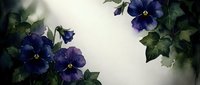 Purple pansy flowers with green leaves creating elegant floral border frame on light background for greeting cards and botanical designs.
