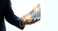 Businessman hand presenting glowing financial growth chart with rising bars showing business success and data analytics for corporate presentations.