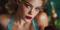 Young blonde woman with vintage hairstyle and burgundy lipstick in retro portrait style with soft lighting and bokeh background for fashion design.