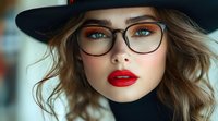 Young Caucasian woman wearing black hat and glasses, with red lipstick and wavy brown hair, looking at camera with intense gaze against blurred background.