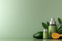 Green cosmetic bottles with silver caps arranged with fresh avocado, orange slice and leaves on mint background. Minimalist skincare composition with copy space.
