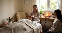 Professional massage therapist performing relaxing head and shoulder treatment on female client in serene spa room with natural lighting and plants.